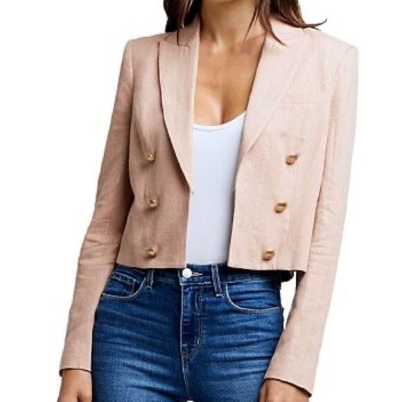 NEW L’agence tan metallic striped double breasted inez cropped blazer size 6